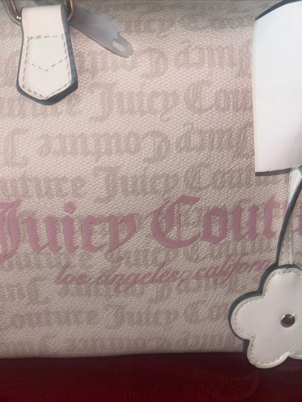 Juicy Couture Cream Satchel with Pink Logo and Floral Charm
